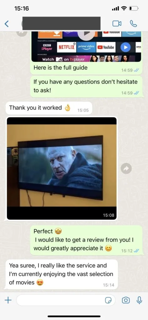 evestv WhatsApp customer testimonial screenshot